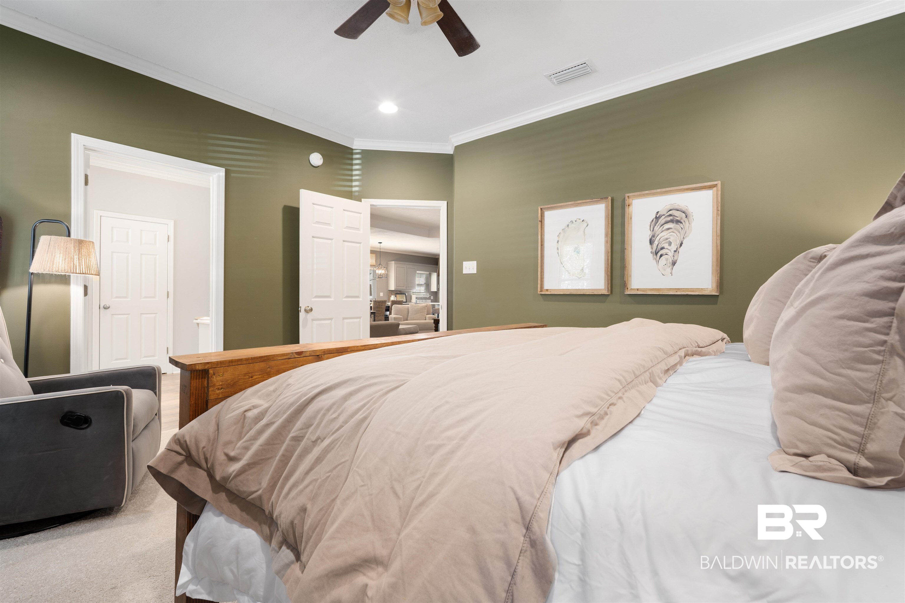 27288 Parker Lane Daphne, AL 36526 - Photo 13 of 29 Bedroom featuring ornamental molding, carpet floors, and ceiling fan