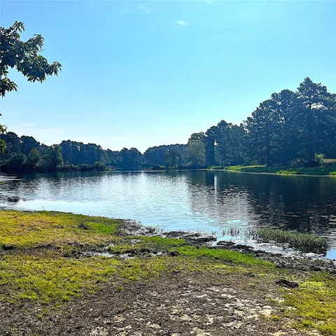 a view of a lake with houses in background