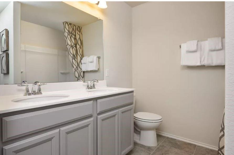 620 Acuff Lane Leander, TX 78641 - Photo 5 of 14 Bathroom featuring a dual-sink vanity with light gray cabinetry and a full-width mirror