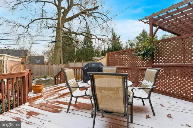 a patio with wooden floor