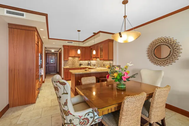 a view of a dining room with furniture
