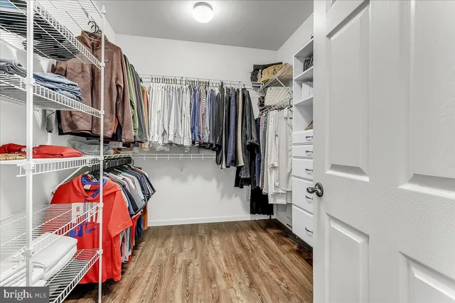 a view of walk in closet with clothes and shoes