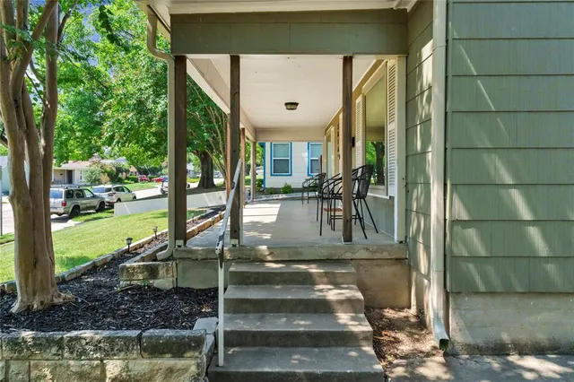 a view of a building from a living room