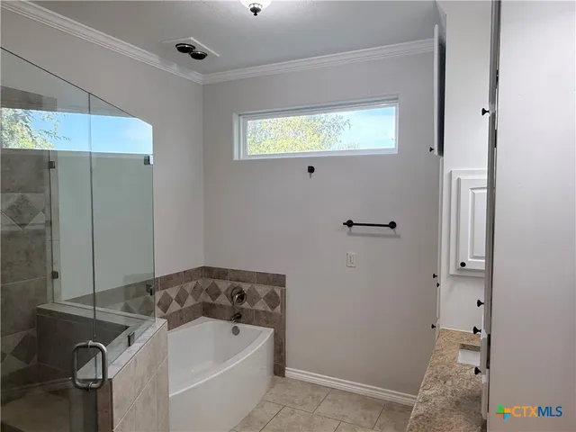 a bathroom with a bathtub and shower