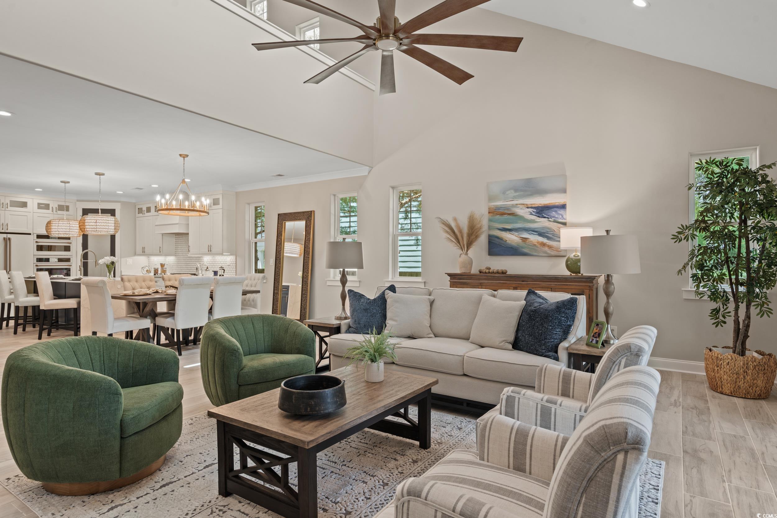 405 North Highland Way Myrtle Beach, SC 29572 - Photo 14 of 40 Living area featuring a ceiling fan, recessed lighting, baseboards, a chandelier, and light wood-style floors