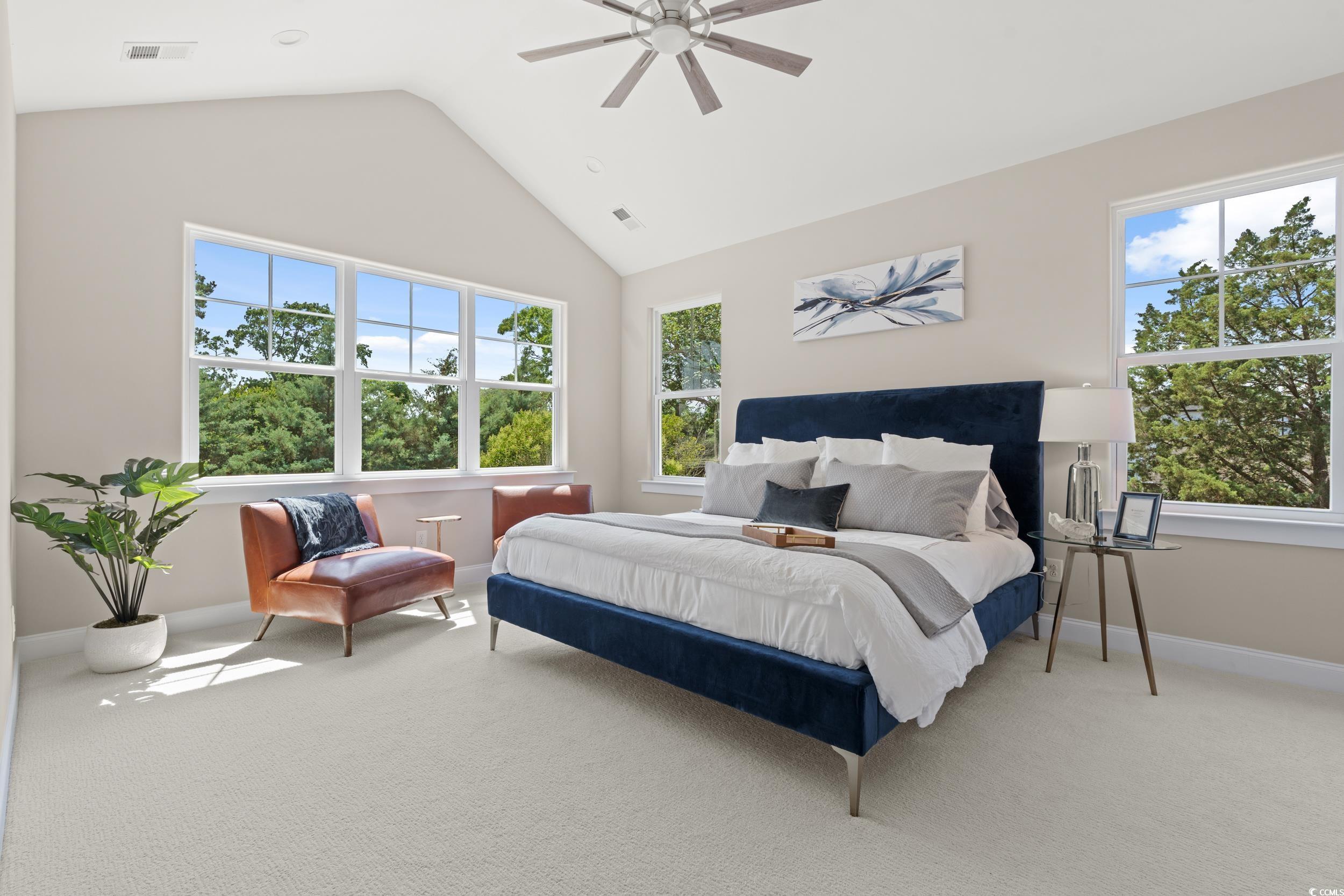 405 North Highland Way Myrtle Beach, SC 29572 - Photo 26 of 40 Bedroom with light colored carpet, lofted ceiling, a ceiling fan, and baseboards