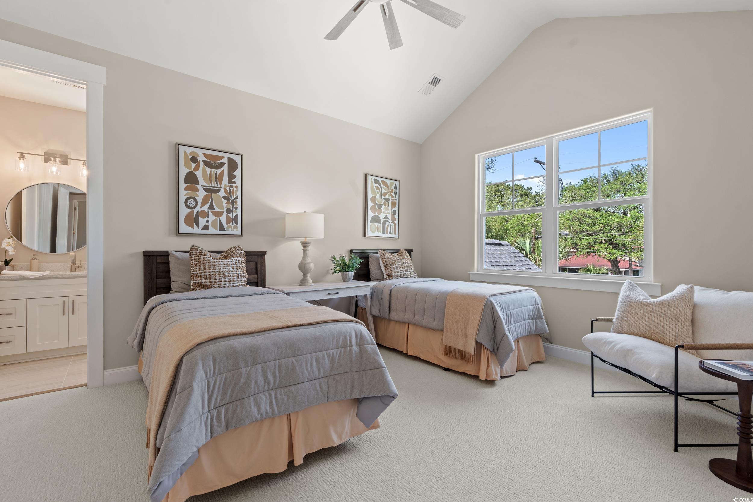 405 North Highland Way Myrtle Beach, SC 29572 - Photo 31 of 40 Bedroom with light carpet, baseboards, connected bathroom, ceiling fan, and high vaulted ceiling
