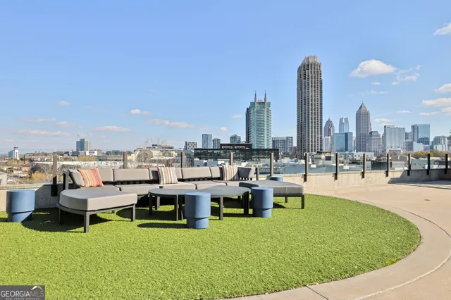 a city view with tall buildings