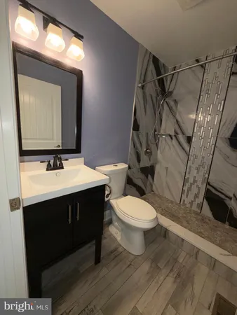 a bathroom with a sink vanity mirror and toilet
