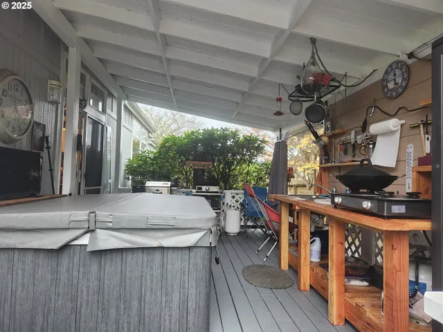 a table and chairs in a patio