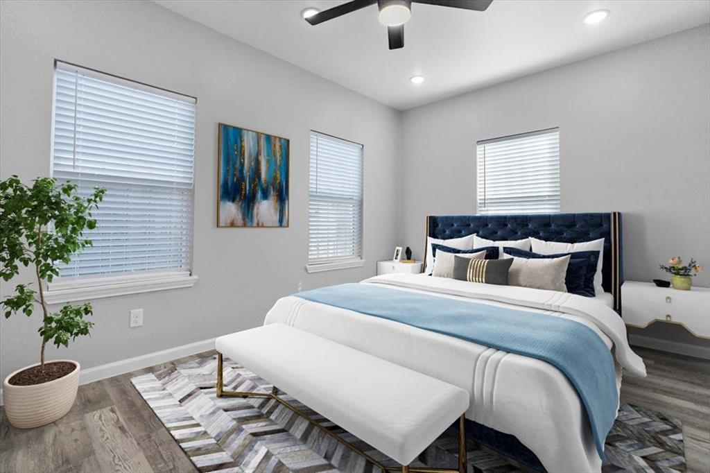 3512 Hamilton Avenue Dallas, TX 75210 - Photo 14 of 23 Bedroom featuring wood finished floors, a ceiling fan, and recessed lighting