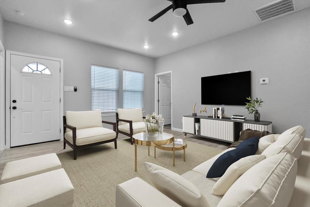 3512 Hamilton Avenue Dallas, TX 75210 - Photo 3 of 23 Living area with wood finished floors, ceiling fan, and recessed lighting