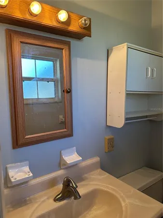 a bathroom with a sink and a mirror
