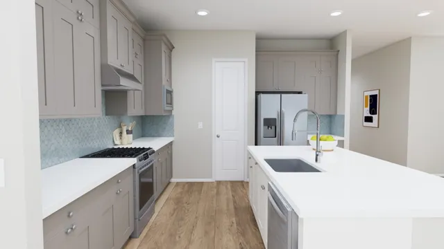 a kitchen with a sink stove and cabinets