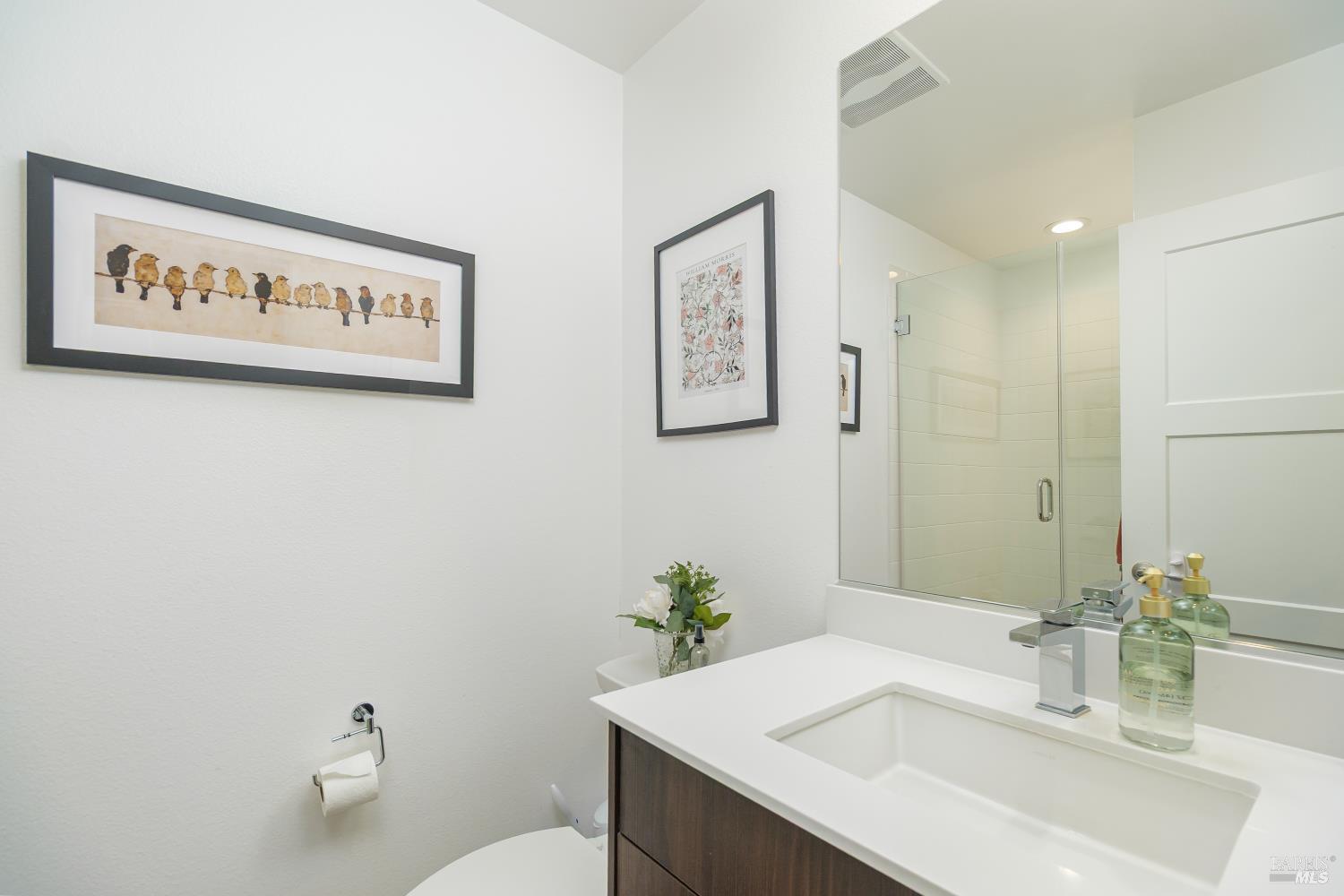 715 Rockview Road Novato, CA 94949 - Photo 14 of 35 1st level Primary Bath with stone vanity countertop and large shower stall.