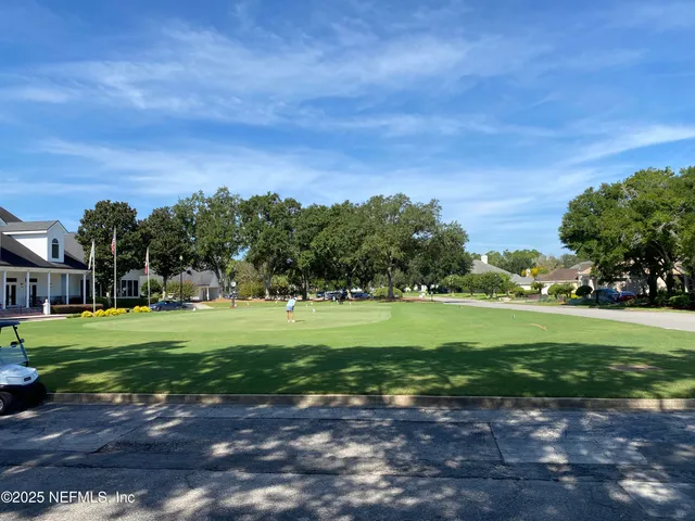 a view of a park with large trees