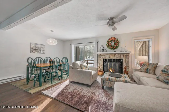 a living room with furniture and a fireplace