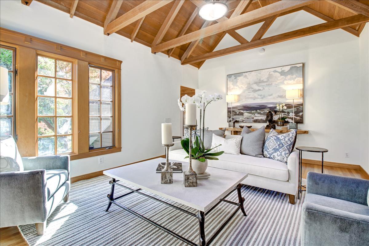 836 Creek Drive Menlo Park, CA 94025 - Photo 3 of 39 a living room with furniture a wooden floor and next to a window
