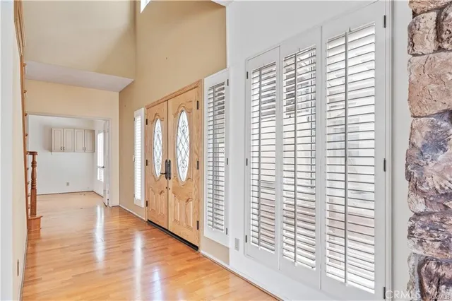 a view of a room with a large window