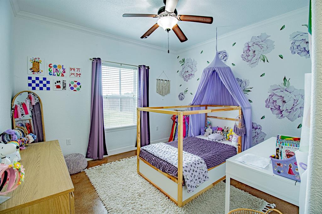 328 Meadow Lane Red Oak, TX 75154 - Photo 13 of 35 Bedroom with ornamental molding, ceiling fan, and a textured ceiling