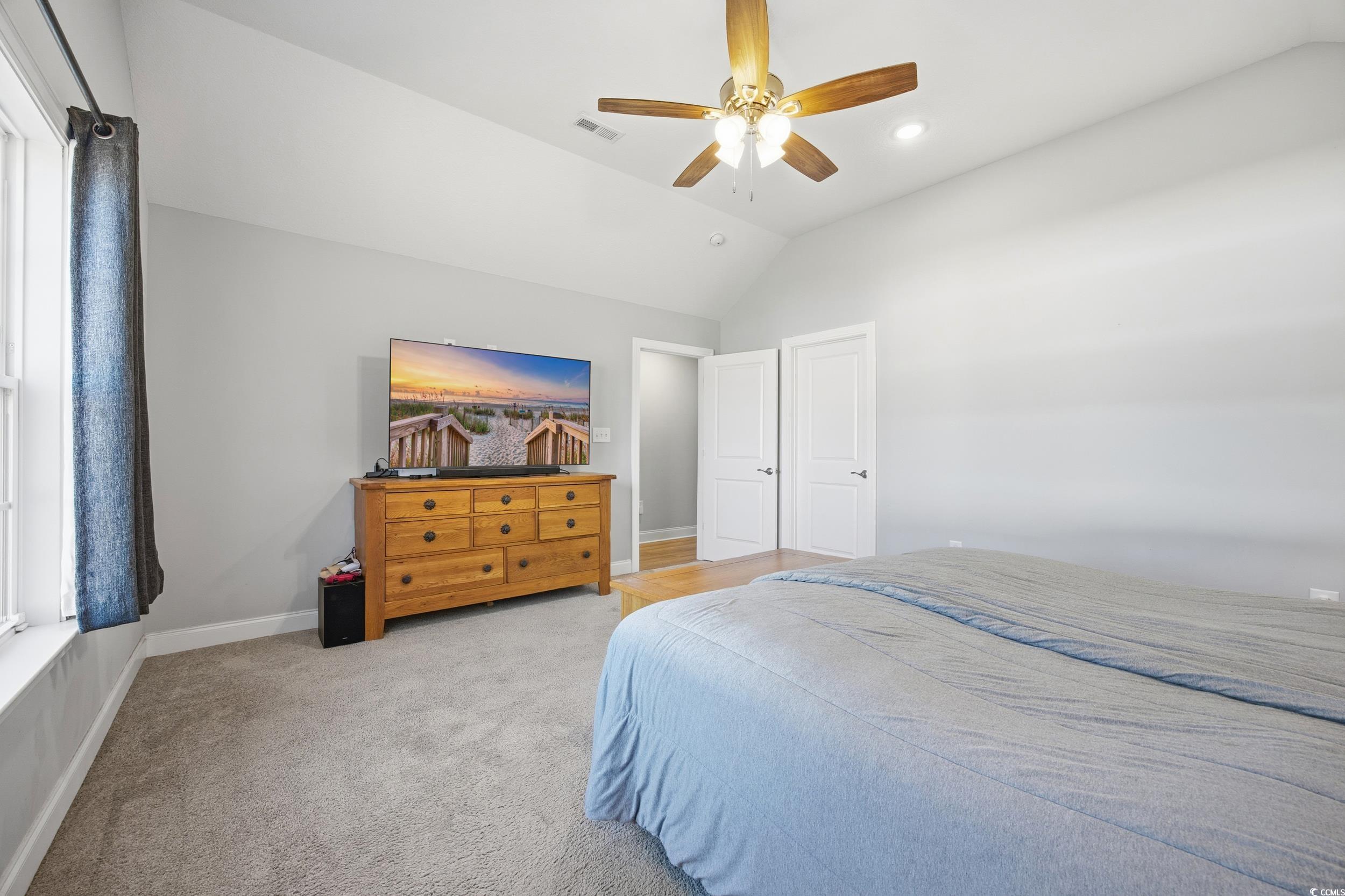 2295 Vaught Road Galivants Ferry, SC 29544 - Photo 11 of 26 Bedroom with vaulted ceiling, light colored carpet, a ceiling fan, and recessed lighting