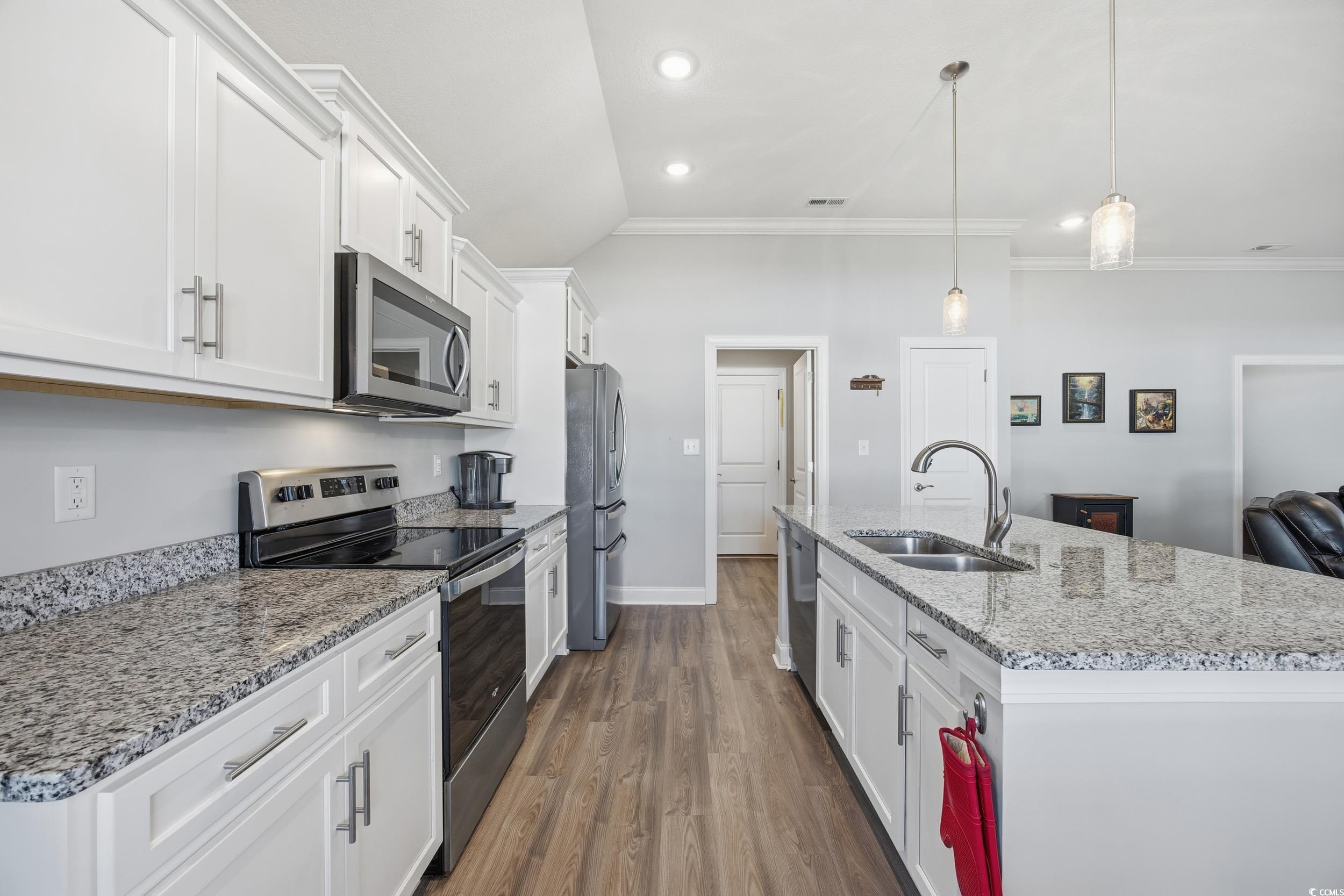 2295 Vaught Road Galivants Ferry, SC 29544 - Photo 9 of 26 Kitchen featuring stainless steel appliances, white cabinetry, a kitchen island with sink, dark wood-style flooring, and light stone counters