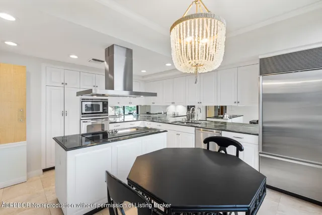 a kitchen with kitchen island a stove a sink and a refrigerator