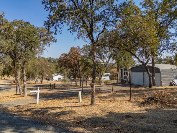 a view of a yard with wooden fence