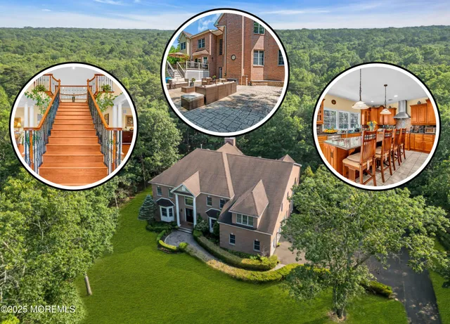 an aerial view of a house with outdoor space and swimming pool