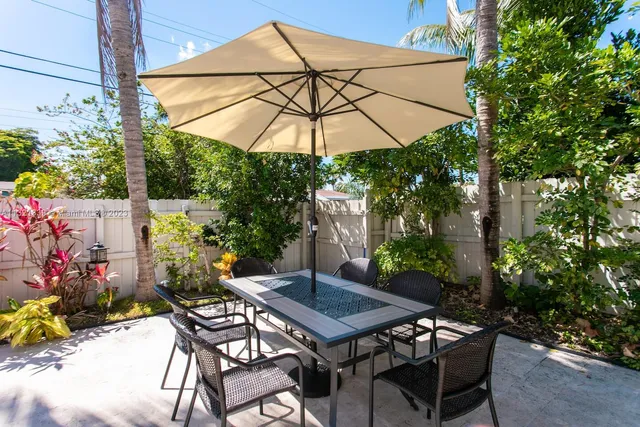 a patio with a table and chairs under an umbrella