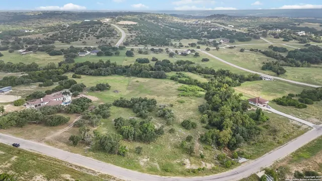 an aerial view of residential houses with outdoor space and trees