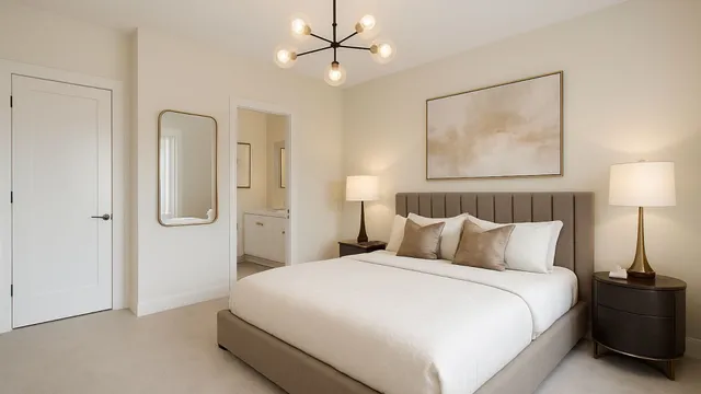 a bedroom with a bed and lamp