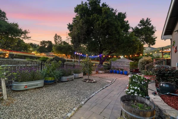 a garden view with a seating space