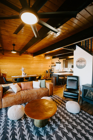 1413 Basel Drive Midway, UT 84049 - Photo 18 of 137 Living room with a wood stove, wood finished floors, a wooden ceiling with exposed beams, and wood walls