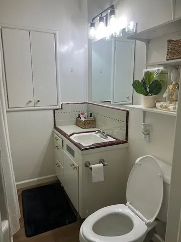 a bathroom with a sink a toilet and mirror