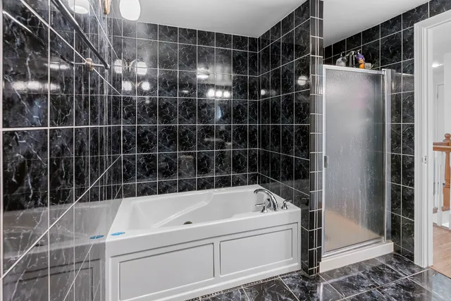 a bathroom with a bathtub and a shower