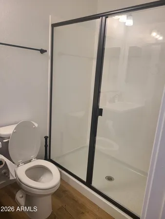 a white toilet sitting next to a shower