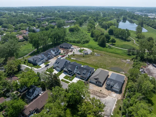 an aerial view of residential houses with outdoor space and trees