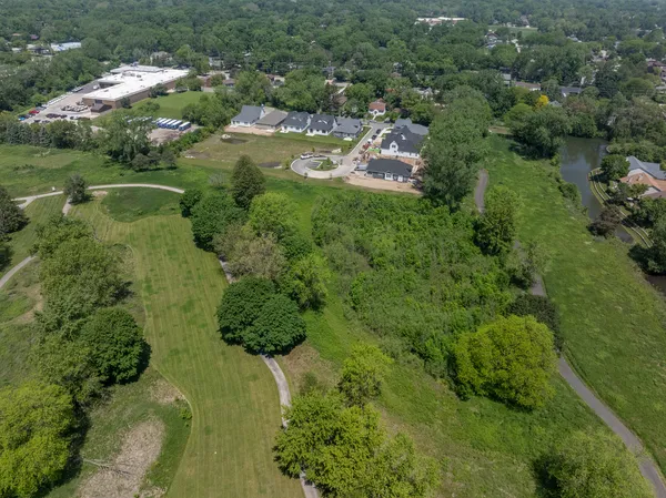 an aerial view of residential houses with outdoor space and trees