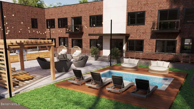 a building outdoor space with patio furniture