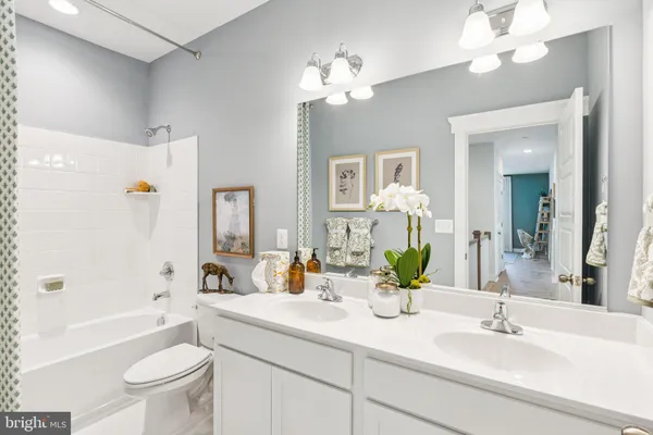 a bathroom with a sink a toilet and a large mirror