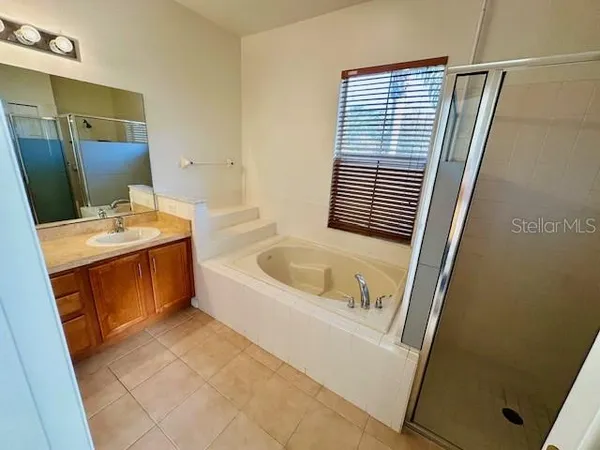 a bathroom with a tub sink and mirror