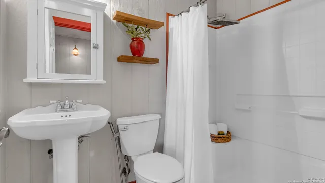 a bathroom with a sink toilet and mirror