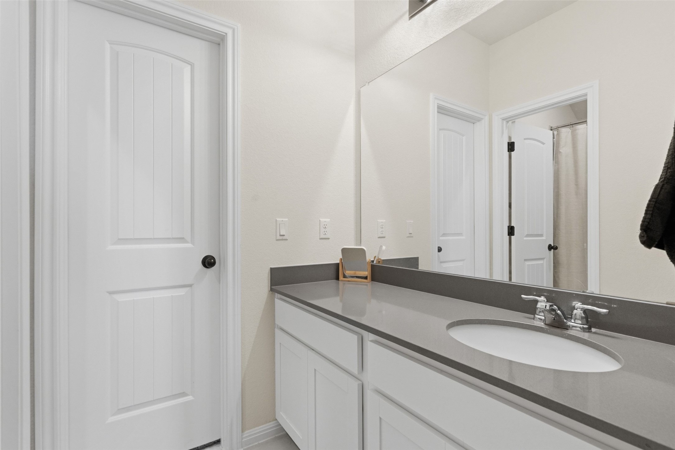 100 Panico Road Hutto, TX 78634 - Photo 23 of 28 A well-appointed bathroom vanity features a broad mirror, elegant countertop, and contemporary sink fixture.