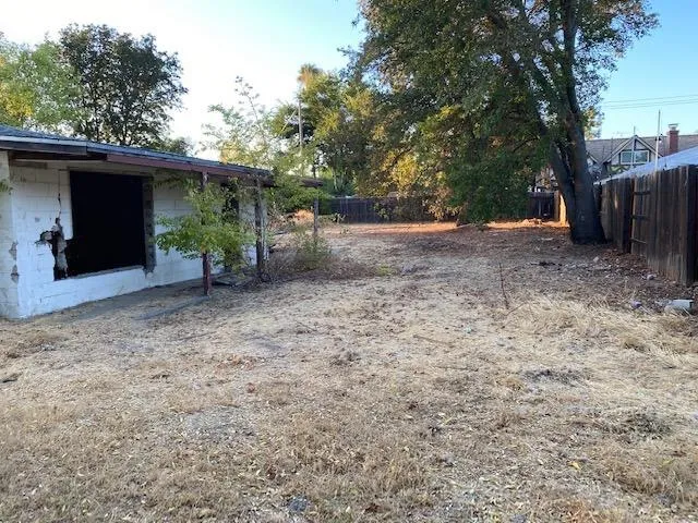 a view of a backyard with large trees and wooden fence