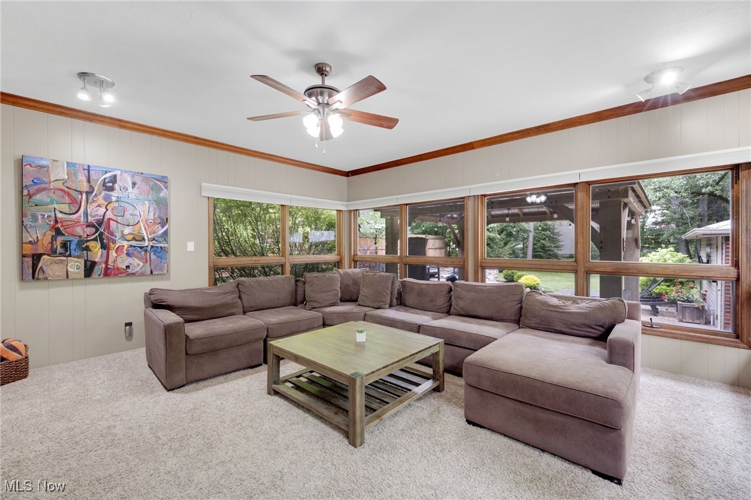 10620 Ridge Road North Royalton, OH 44133 - Photo 9 of 35 Carpeted living room featuring ceiling fan, ornamental molding, and a decorative wall