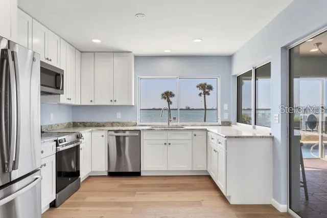 a kitchen with white cabinets and a sink