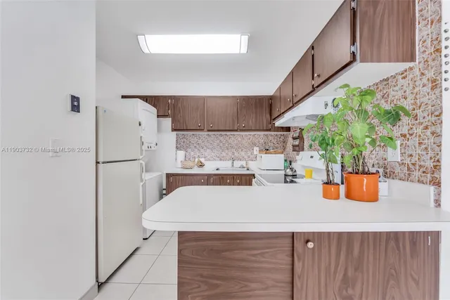 a kitchen with a sink a refrigerator and potted plant