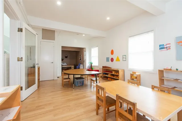 a view of a dining room with furniture
