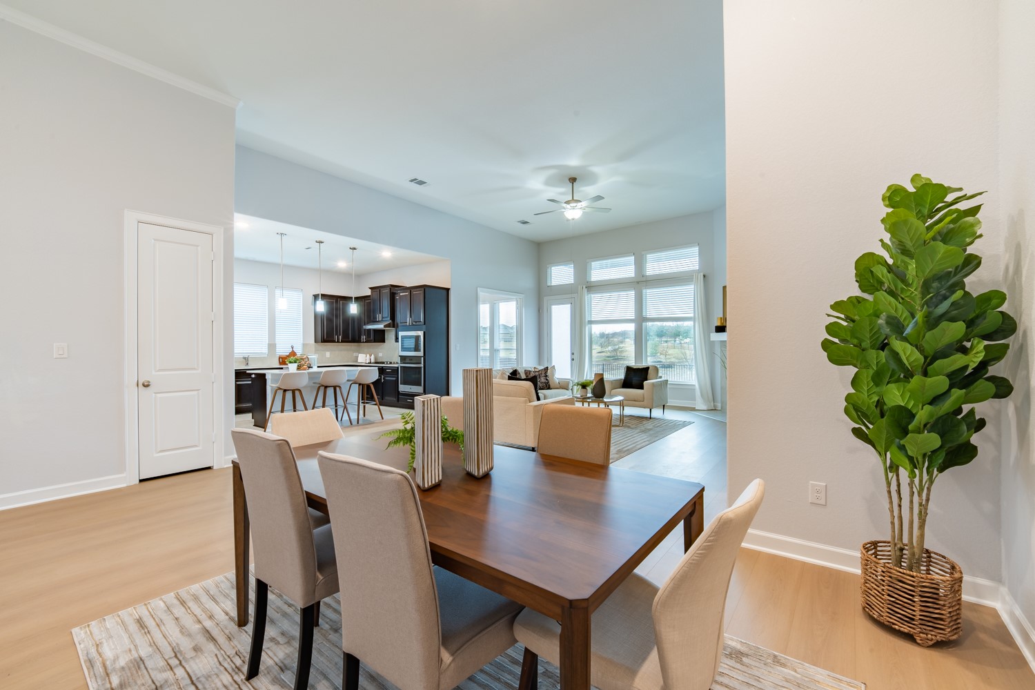 Dining room featuring light wood-type flooring and ceiling fan